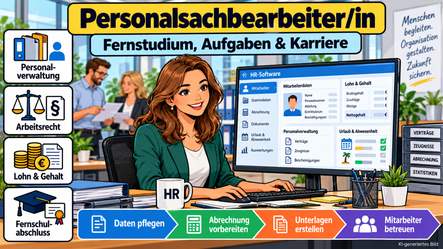 Comicillustration einer Personalsachbearbeiterin im Personalbüro mit Personalverwaltung, Arbeitsrecht, Lohn- und Gehaltsabrechnung sowie digitaler Mitarbeiterverwaltung.
