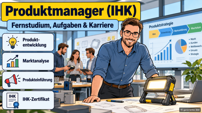 Comicillustration eines Produktmanagers im Entwicklungsbüro mit technischem Produkt, Marktanalyse, Produktentwicklung, Markteinführung und IHK-Zertifikat.