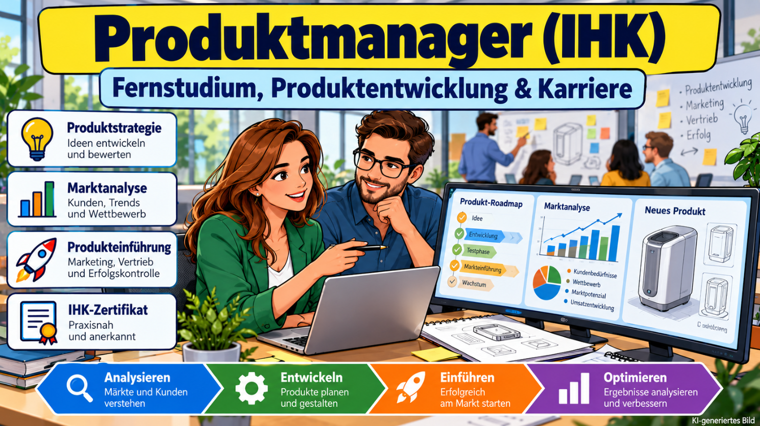 Comicillustration einer Produktmanagerin bei der Planung und Entwicklung eines neuen Produkts. Dargestellt sind Marktanalyse, Produktstrategie, Markteinführung und die Weiterbildung zum Produktmanager (IHK).