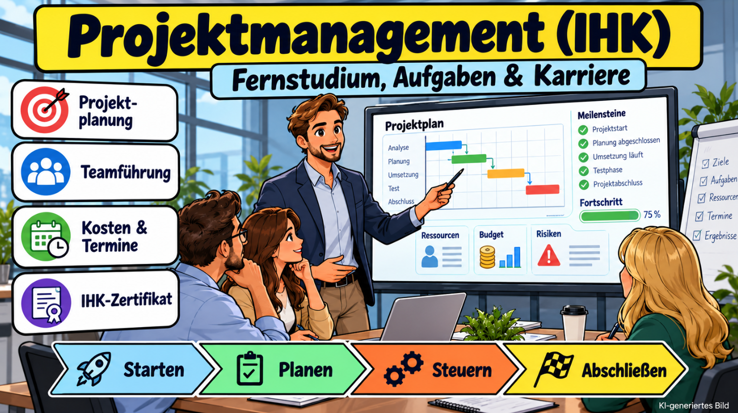Comicillustration eines Projektmanagers (IHK), der seinem Team einen Projektplan mit Gantt-Diagramm und Meilensteinen präsentiert. Dargestellt sind Projektplanung, Teamführung, Kosten- und Terminsteuerung sowie das IHK-Zertifikat.