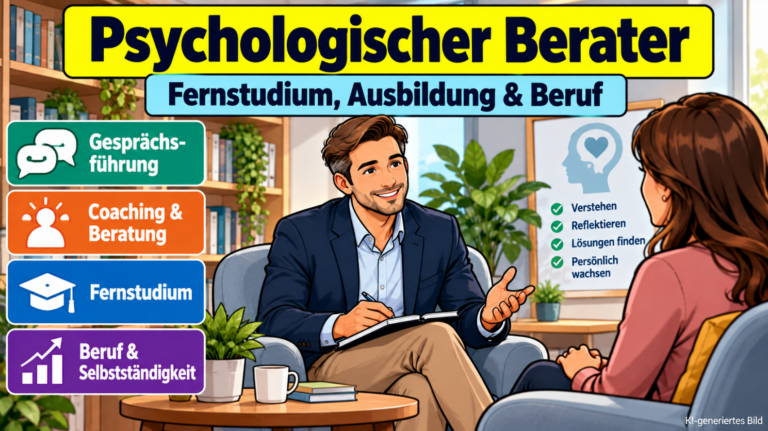 Comicillustration eines psychologischen Beraters im Gespräch mit einer Klientin, ergänzt durch Symbole für Fernstudium, Gesprächsführung, Coaching und berufliche Weiterbildung.