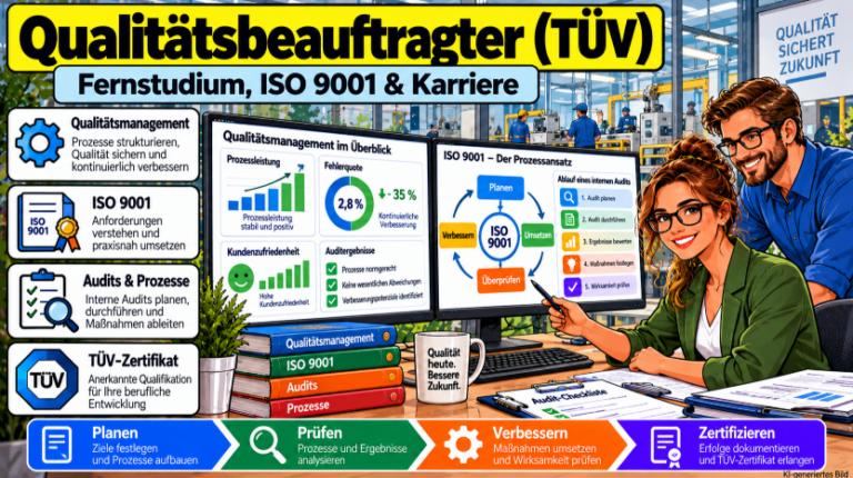 Comicillustration einer Qualitätsbeauftragten bei der Auswertung von Qualitätskennzahlen, Prozessabläufen und Auditergebnissen. Dargestellt sind Qualitätsmanagement nach ISO 9001 und die Weiterbildung zum Qualitätsbeauftragten (TÜV).
