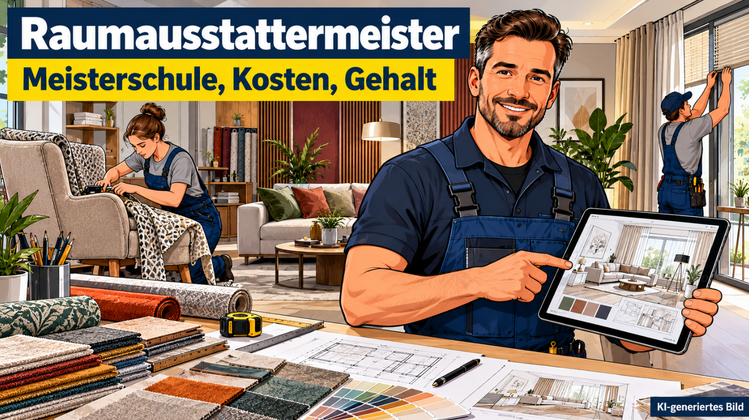 Comic-Illustration eines Raumausstattermeisters in dunkelblauer Arbeitskleidung mit Tablet und digitalem Raumgestaltungskonzept in einem modernen Wohnzimmer. Im Vordergrund liegen Stoffmuster, Farbfächer, Maßband und technische Zeichnungen. Im Hintergrund bezieht eine Fachkraft einen Polstersessel mit Möbelstoff, während eine weitere Fachkraft einen Sonnenschutz am Fenster montiert.