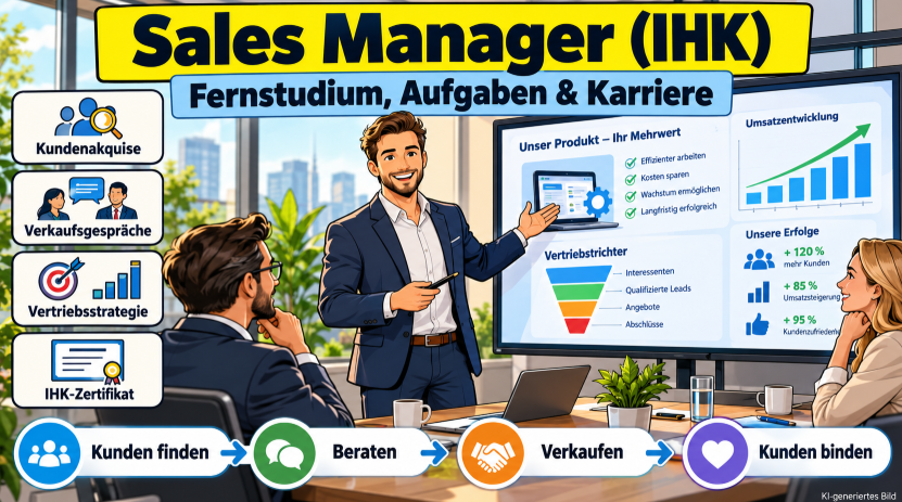 Comicillustration eines Sales Managers im Kundengespräch mit Vertriebsstrategie, Kundenakquise, Verkaufspräsentation, Umsatzanalyse und IHK-Zertifikat.