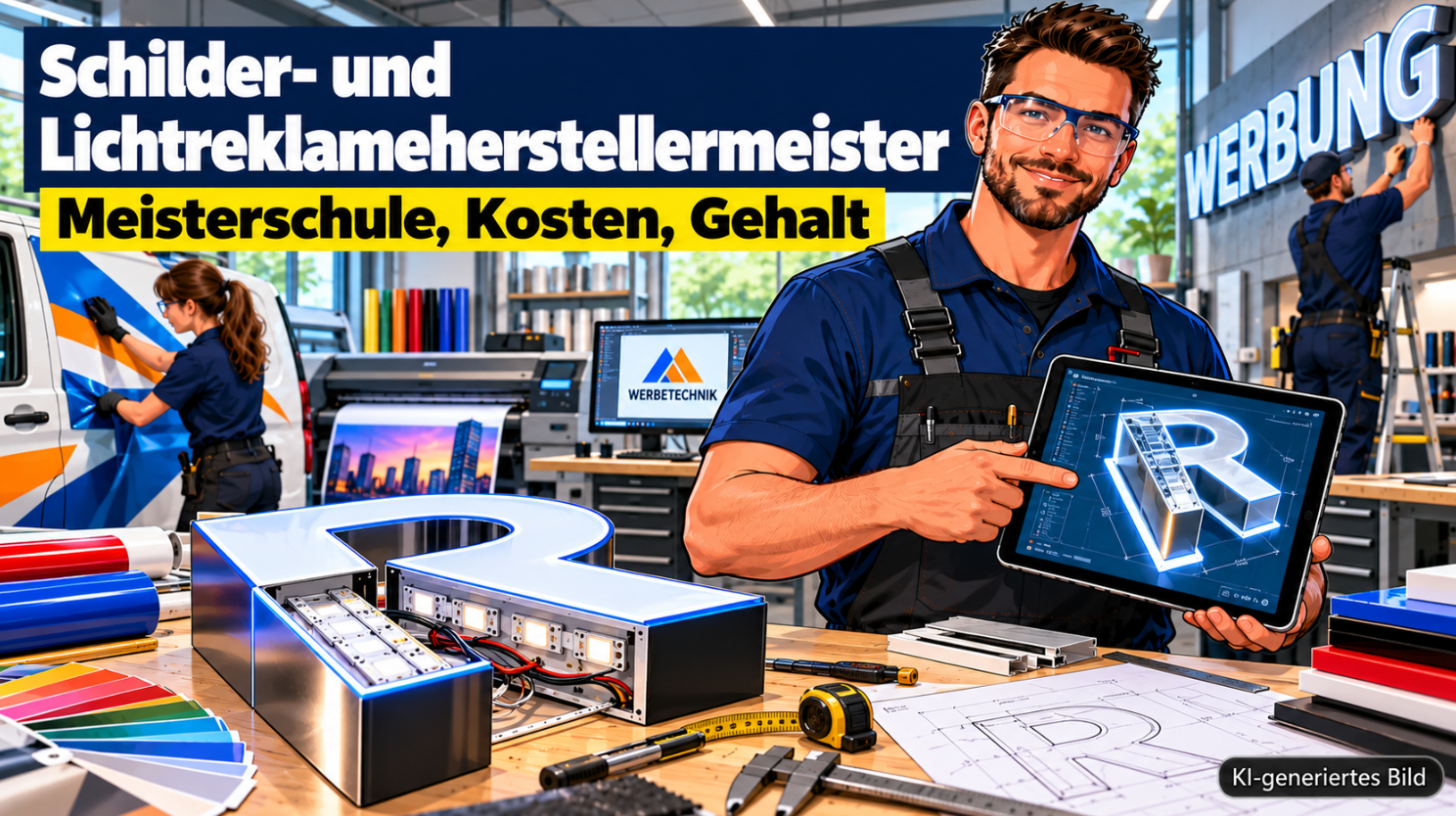 Comic-Illustration eines Schilder- und Lichtreklameherstellermeisters in dunkelblauer Arbeitskleidung und Schutzbrille, der in einer modernen Werbetechnikwerkstatt ein Tablet mit einer 3D-Konstruktionszeichnung eines beleuchteten Buchstabens hält. Im Vordergrund stehen ein geöffneter LED-Leuchtbuchstabe mit sichtbaren LED-Modulen, Folienmuster, Werkzeuge und technische Zeichnungen. Im Hintergrund foliert eine Fachkraft ein Firmenfahrzeug, während ein weiterer Mitarbeiter einen beleuchteten Werbeschriftzug montiert.