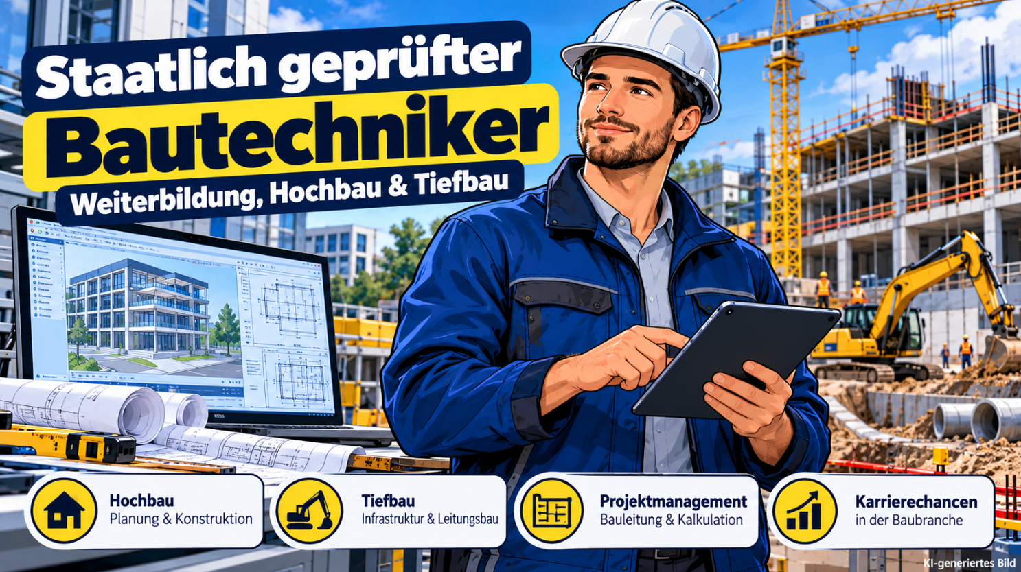Staatlich geprüfter Bautechniker mit weißem Schutzhelm, blauer Arbeitsjacke und Tablet auf einer modernen Baustelle. Im Hintergrund sind ein Rohbau, Baukran und Bagger zu sehen. Ein Monitor zeigt ein digitales Gebäudemodell und technische Bauzeichnungen. Die Comicillustration veranschaulicht die Weiterbildung sowie Aufgaben im Hochbau und Tiefbau