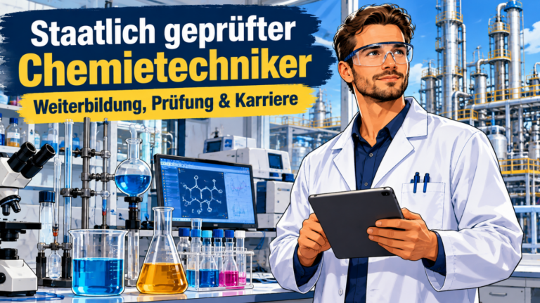 Staatlich geprüfter Chemietechniker mit Schutzbrille, weißem Laborkittel und Tablet in einem modernen Chemielabor. Im Hintergrund sind Analysegeräte, Reagenzgläser, chemische Glasapparaturen und eine industrielle Chemieanlage zu sehen. Die Illustration zeigt die Weiterbildung, Prüfung und Karrierechancen in der Chemietechnik.