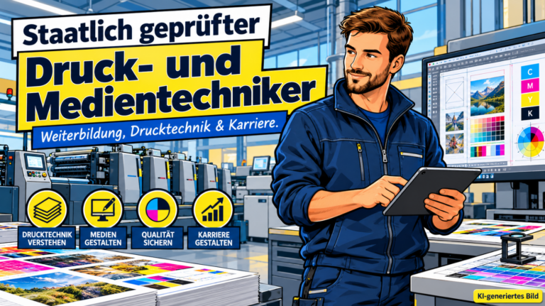 Staatlich geprüfter Druck- und Medientechniker in blauer Arbeitskleidung mit Tablet in einer modernen Druckerei. Im Hintergrund sind Offsetdruckmaschinen, farbige Druckbögen und ein Arbeitsplatz der digitalen Druckvorstufe zu sehen. Ein Monitor zeigt Druckdaten, CMYK-Farbwerte und digitale Farbmanagementprozesse. Die Comicillustration veranschaulicht die Weiterbildung in Druck- und Medientechnik.
