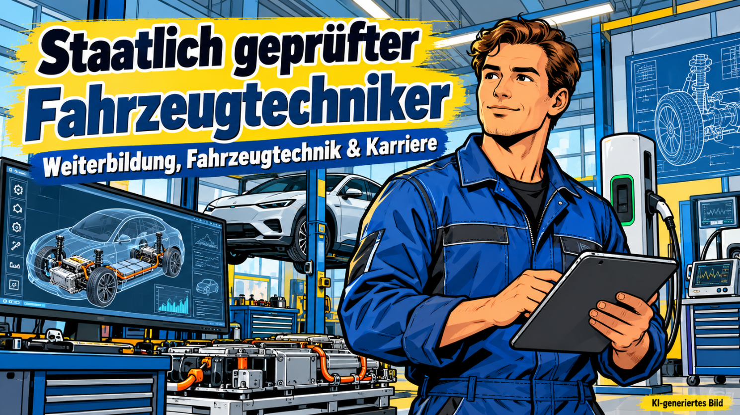 Staatlich geprüfter Fahrzeugtechniker in blauer Arbeitskleidung mit Tablet in einer modernen Fahrzeugwerkstatt. Im Hintergrund befinden sich ein Elektroauto auf einer Hebebühne, eine Hochvoltbatterie, eine Ladestation und technische Diagnosegeräte. Monitore zeigen ein digitales 3D-Fahrzeugmodell mit Antriebskomponenten und Fahrwerkstechnik. Die Comicillustration veranschaulicht die Weiterbildung in Fahrzeugtechnik und Elektromobilität.