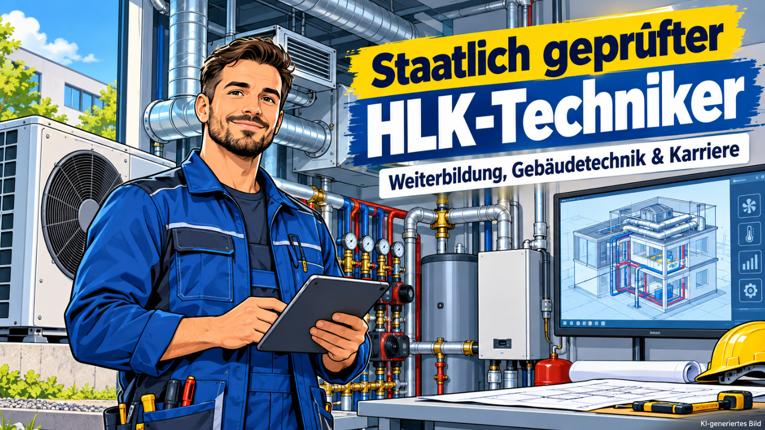 Staatlich geprüfter HLK-Techniker in blauer Arbeitskleidung mit Tablet vor einer modernen Heizungs- und Lüftungsanlage. Im Hintergrund sind eine Wärmepumpe, Lüftungskanäle, Heizungsrohre und Messinstrumente zu sehen. Ein Monitor zeigt ein digitales 3D-Gebäudemodell mit Heizungs- und Lüftungstechnik.