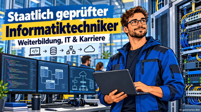 Staatlich geprüfter Informatiktechniker mit Laptop in einem modernen IT-Arbeitsraum. Im Hintergrund sind Serverschränke, Netzwerkkomponenten und Monitore mit Programmcode, Datenbankdiagrammen und Netzwerkplänen zu sehen. Die Comicillustration veranschaulicht die Weiterbildung sowie Karrierechancen in Softwareentwicklung und IT-Systemintegration.