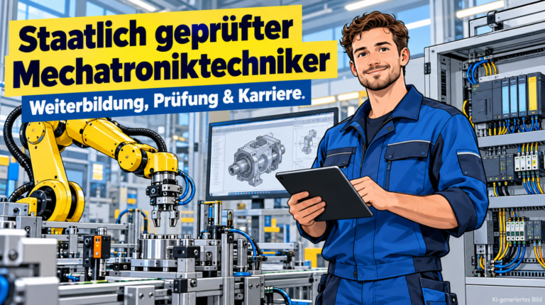 Staatlich geprüfter Mechatroniktechniker mit Tablet in einer modernen automatisierten Produktionshalle. Im Hintergrund sind ein gelber Industrieroboter, ein Schaltschrank mit SPS-Steuerung und ein CAD-Bildschirm mit technischen Zeichnungen zu sehen. Die Comicillustration zeigt die Weiterbildung, Prüfung und Karrierechancen in der Mechatronik.