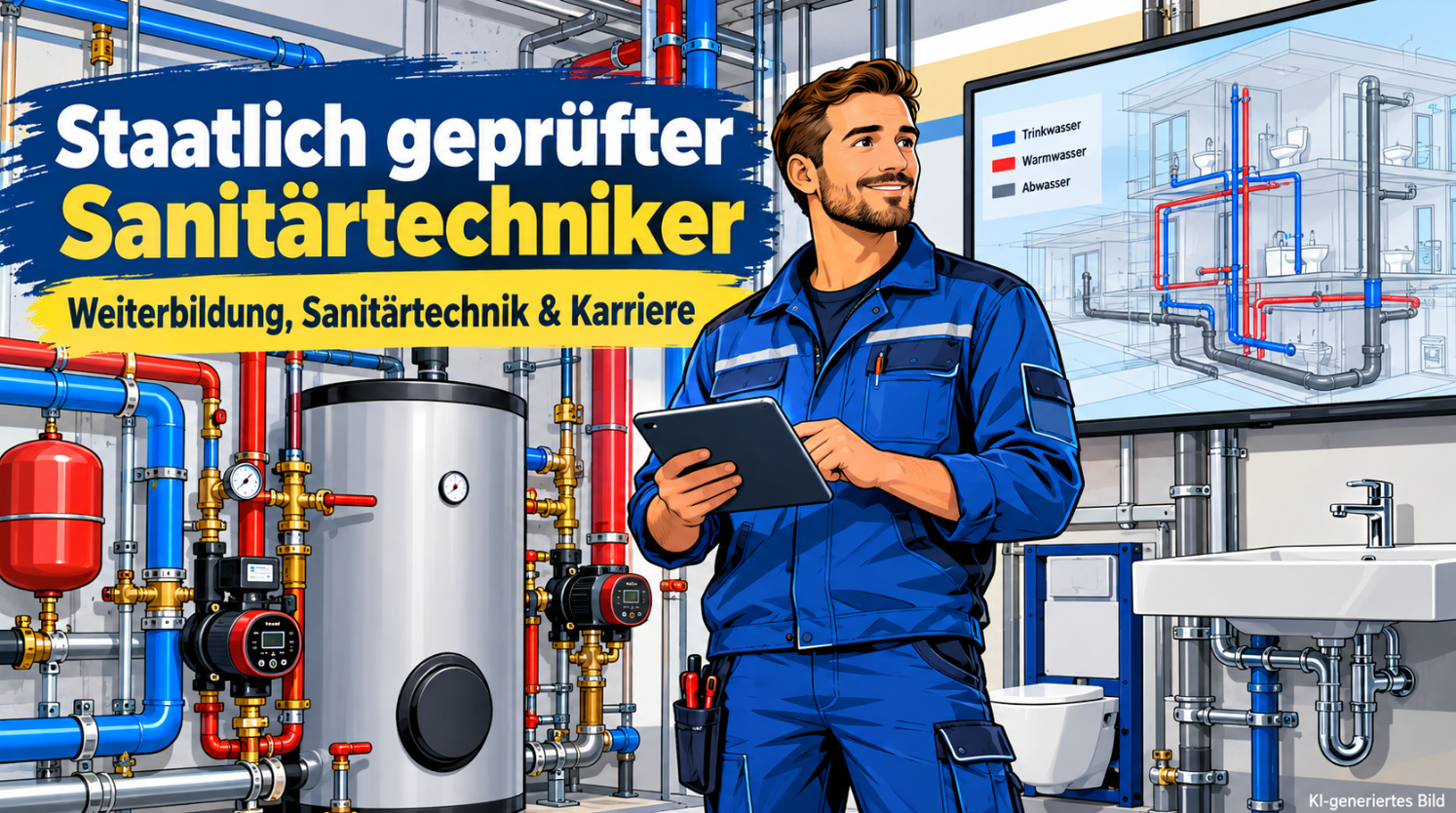 Staatlich geprüfter Sanitärtechniker in blauer Arbeitskleidung mit Tablet in einem modernen Technikraum. Im Hintergrund sind Trinkwasserleitungen, Warmwasserrohre, ein Warmwasserspeicher, Pumpen und Sanitäranlagen zu sehen. Ein Bildschirm zeigt einen digitalen 3D-Gebäudeplan mit Trinkwasser- und Abwasserinstallationen.