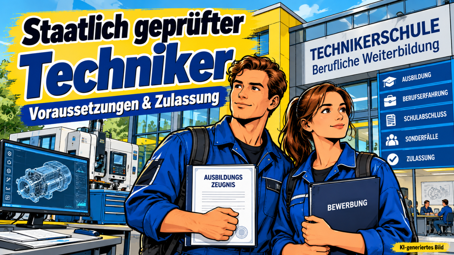 Zwei angehende staatlich geprüfte Techniker in blauer Arbeitskleidung stehen mit einem Ausbildungszeugnis und einer Bewerbungsmappe vor einer modernen Technikerschule. Im Hintergrund sind CNC-Maschinen, ein CAD-Monitor und technische Schulungsräume zu sehen. Die blau-gelbe Comicillustration veranschaulicht die Voraussetzungen und Zulassung zur Weiterbildung zum staatlich geprüften Techniker.