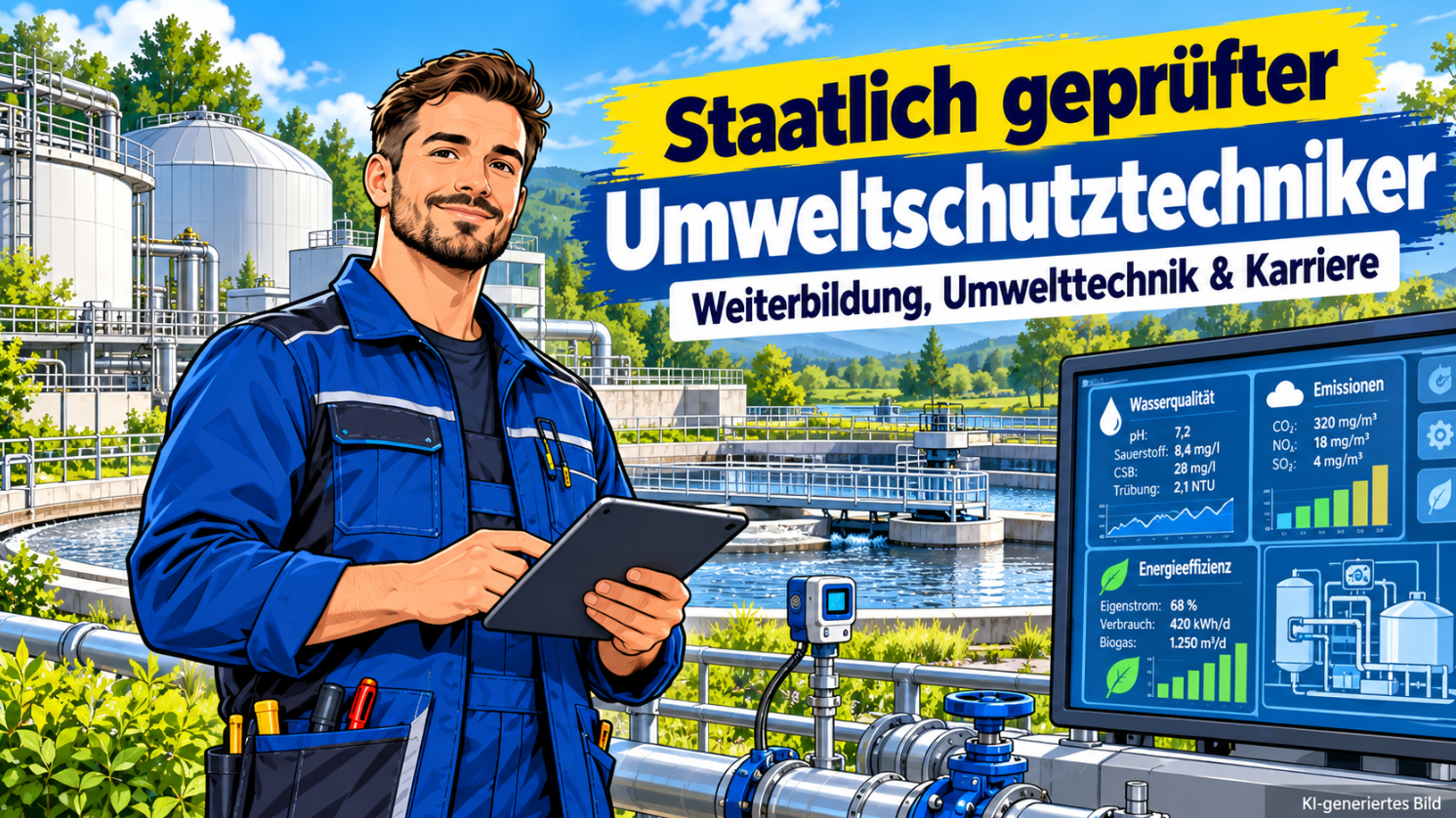 Staatlich geprüfter Umweltschutztechniker in blauer Arbeitskleidung mit Tablet vor einer modernen Abwasserreinigungsanlage. Im Hintergrund sind Wasserbecken, Rohrleitungen und Messstationen zu sehen. Ein Bildschirm zeigt Messwerte zur Wasserqualität, Emissionen und Energieeffizienz