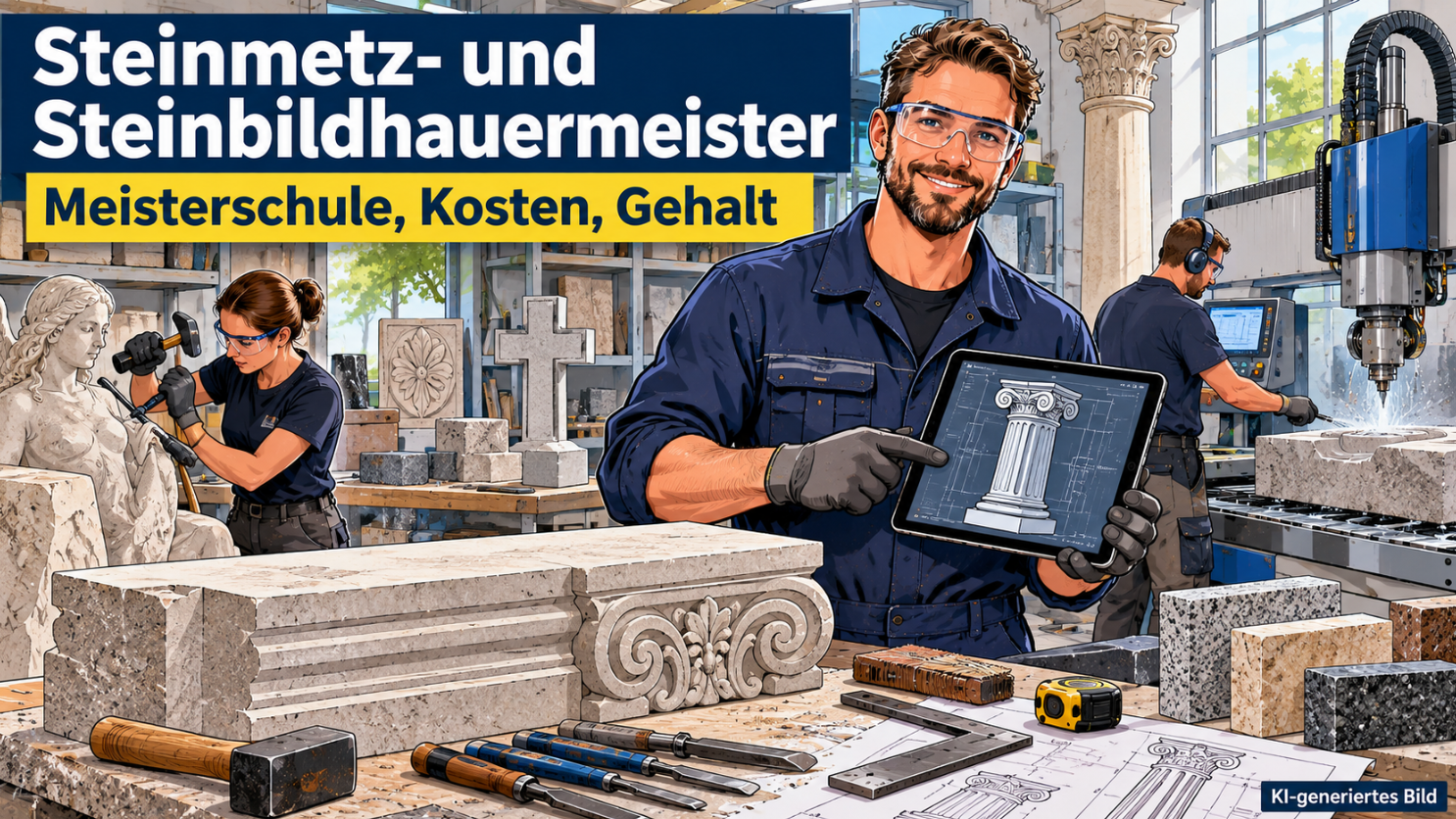 Comic-Illustration eines Steinmetz- und Steinbildhauermeisters in dunkelblauer Arbeitskleidung mit Schutzbrille und Handschuhen, der in einer modernen Natursteinwerkstatt ein Tablet mit einer 3D-Konstruktionszeichnung einer verzierten Steinsäule hält. Im Vordergrund liegen ein kunstvoll bearbeitetes Natursteinbauteil mit Ornamenten, Steinmetzhämmer, Meißel, Maßband und technische Zeichnungen. Im Hintergrund bearbeitet eine Steinbildhauerin eine Skulptur, während ein weiterer Mitarbeiter eine CNC-Steinbearbeitungsmaschine bedient.