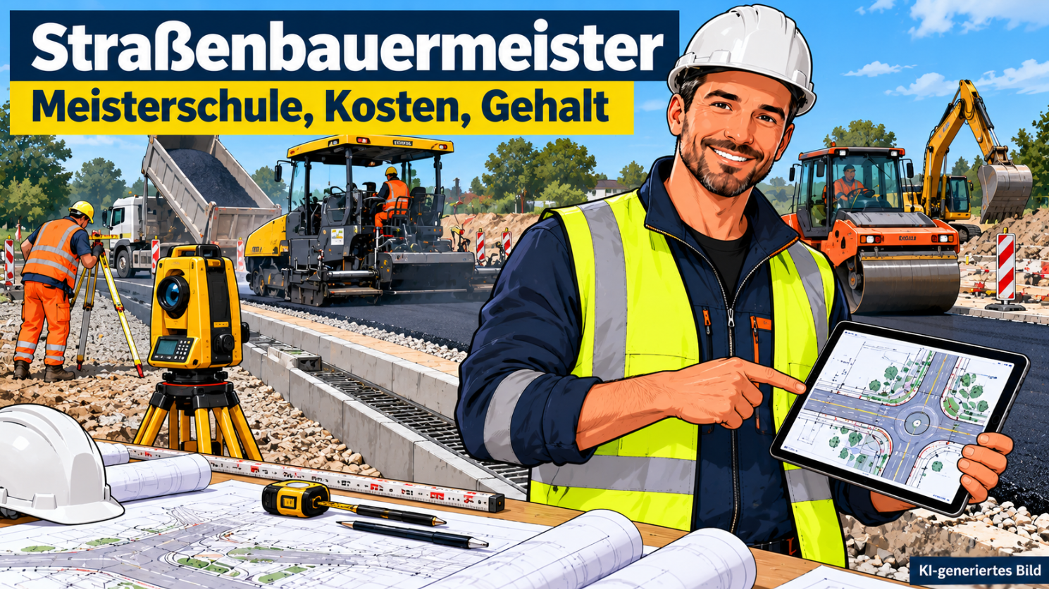 Comic-Illustration eines Straßenbauermeisters in dunkelblauer Arbeitskleidung, gelber Warnweste und weißem Schutzhelm mit Tablet und digitalem Straßenbauplan auf einer modernen Straßenbaustelle. Im Hintergrund arbeiten Fachkräfte mit einem Straßenfertiger, einer Straßenwalze und einem Nivelliergerät. Im Vordergrund sind Bauzeichnungen, Vermessungsgeräte und eine Entwässerungsrinne zu sehen.