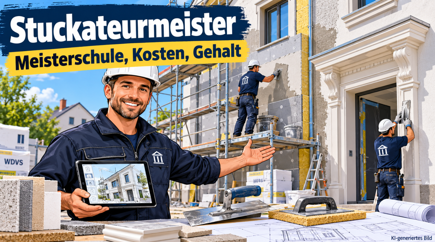 Comic-Illustration eines Stuckateurmeisters in dunkelblauer Arbeitskleidung und weißem Schutzhelm mit Tablet und digitaler Fassadenplanung auf einer modernen Baustelle. Im Hintergrund verputzt eine Fachkraft eine wärmegedämmte Hausfassade, während eine weitere dekorative Stuckelemente an einem Gebäudeeingang bearbeitet. Im Vordergrund sind Glättkellen, Reibebretter, Dämmstoffproben und Bauzeichnungen zu sehen.