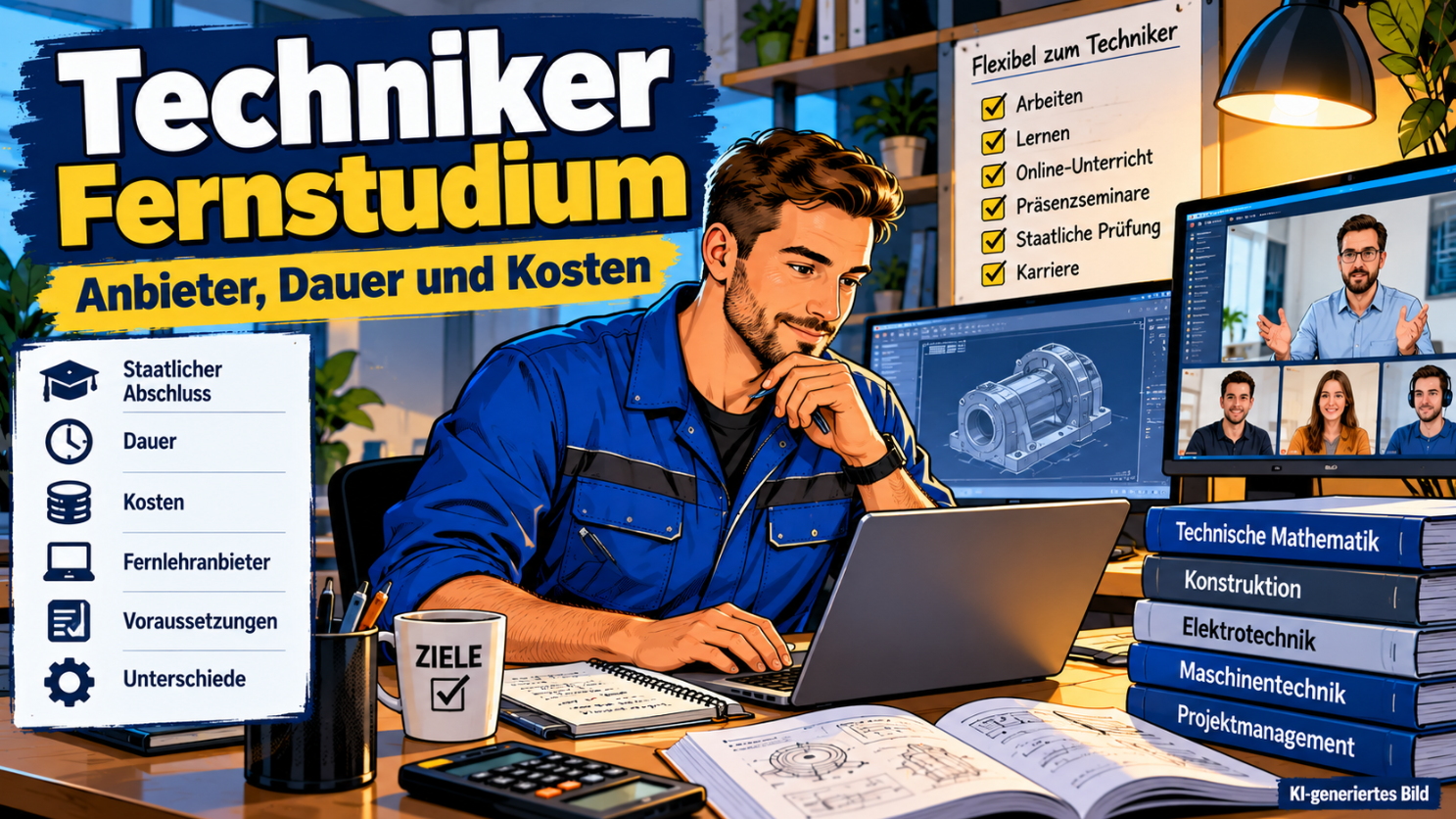 Angehender staatlich geprüfter Techniker in blauer Arbeitskleidung lernt am Laptop für sein Fernstudium. Im Hintergrund zeigen zwei Monitore eine technische CAD-Konstruktion und einen virtuellen Unterricht mit Dozent und Teilnehmern. Fachbücher, Lernunterlagen und ein Taschenrechner ergänzen die blau-gelbe Comicillustration zum Techniker-Fernstudium mit Anbietervergleich, Dauer und Kosten.