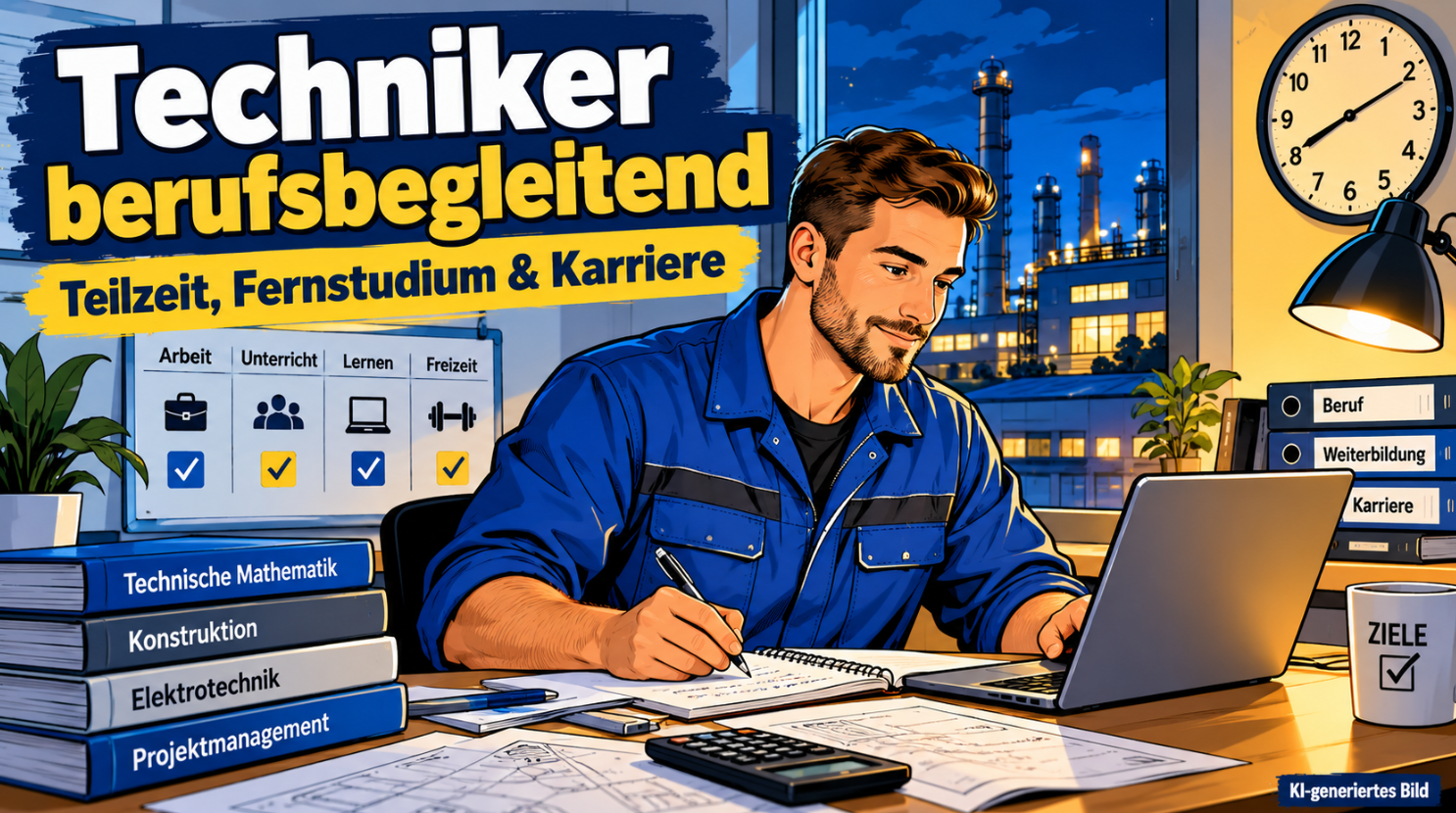 Staatlich geprüfter Techniker in blauer Arbeitskleidung lernt abends an seinem Schreibtisch mit Laptop, Fachbüchern und technischen Zeichnungen. Im Hintergrund sind eine beleuchtete Industrieanlage, eine Uhr und ein Wochenplan zur Vereinbarkeit von Arbeit, Unterricht, Lernen und Freizeit zu sehen. Die blau-gelbe Comicillustration veranschaulicht die berufsbegleitende Technikerweiterbildung in Teilzeit oder im Fernstudium.