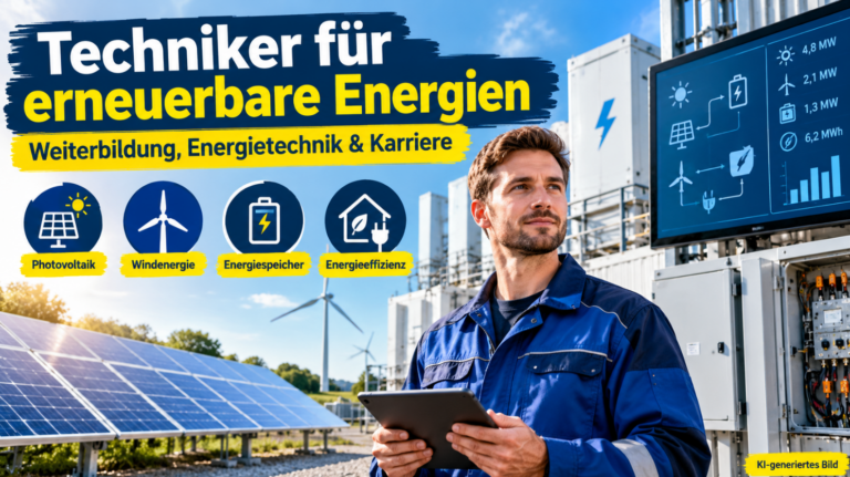 Staatlich geprüfter Techniker für erneuerbare Energien in blauer Arbeitskleidung mit Tablet vor einer modernen Energieanlage. Im Hintergrund sind Photovoltaikmodule, Windkraftanlagen, Batteriespeicher und elektrische Schaltanlagen zu sehen. Ein Bildschirm zeigt ein digitales Energiemanagementsystem mit Stromerzeugung, Speicherung und Energieverbrauch.