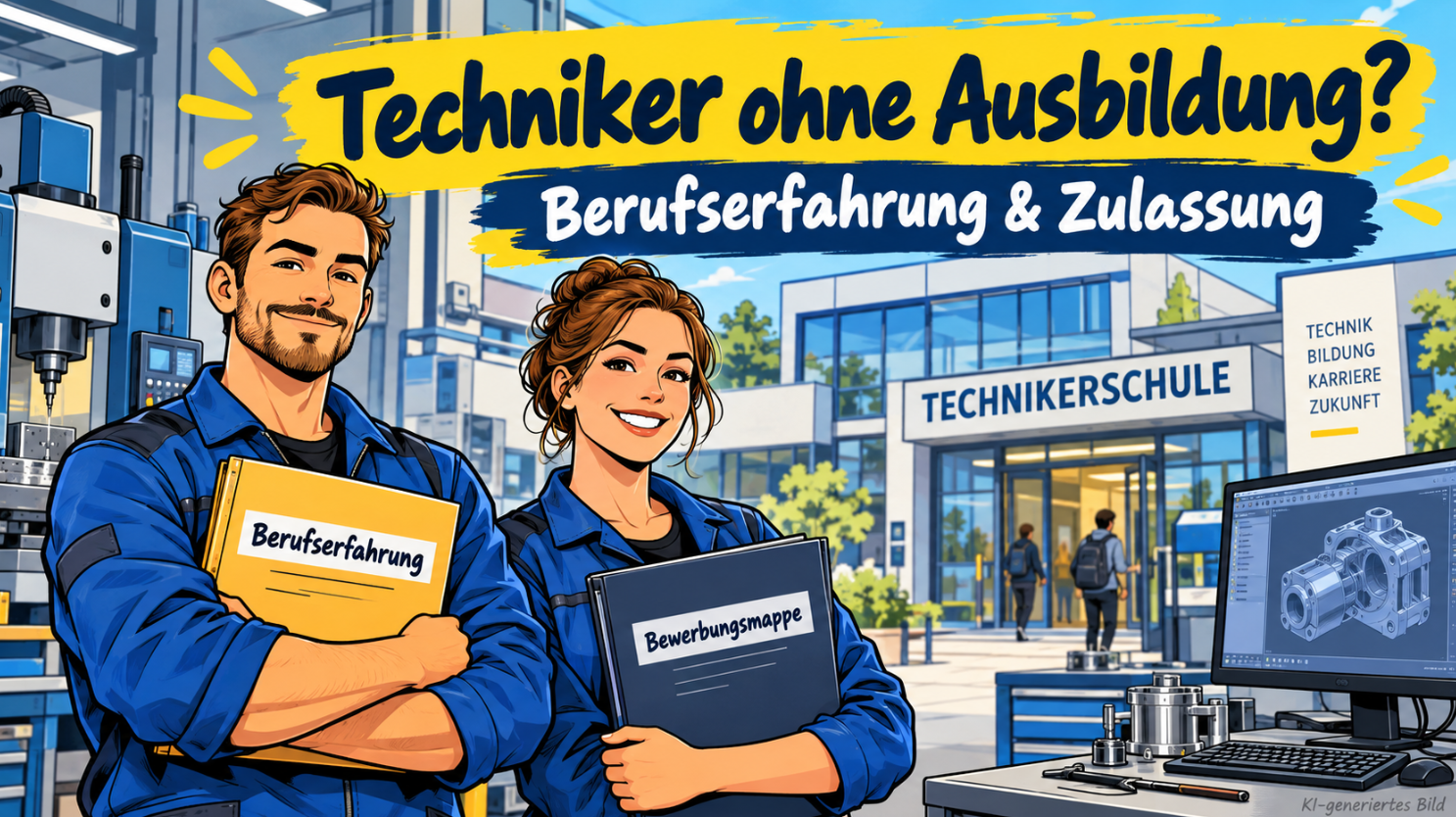 Zwei angehende staatlich geprüfte Techniker in blauer Arbeitskleidung stehen mit einem Ordner zur Berufserfahrung und einer Bewerbungsmappe vor einer modernen Technikerschule. Im Hintergrund sind CNC-Maschinen und ein CAD-Arbeitsplatz zu sehen. Die blau-gelbe Comicillustration veranschaulicht die Zulassungsmöglichkeiten zur Technikerweiterbildung ohne abgeschlossene Ausbildung oder ausreichende Berufserfahrung.