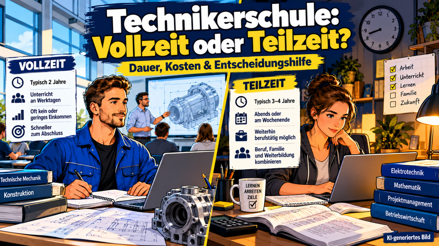 Zweigeteilte Comicillustration zum Vergleich der Technikerschule in Vollzeit und Teilzeit. Links lernt ein angehender staatlich geprüfter Techniker tagsüber im Unterricht mit CAD-Konstruktion und technischen Zeichnungen. Rechts arbeitet eine Technikerin abends am Laptop mit Fachbüchern und Lernunterlagen. Die blau-gelbe Grafik veranschaulicht die Unterschiede bei Dauer, Kosten, Berufstätigkeit und Vereinbarkeit mit der Familie.
