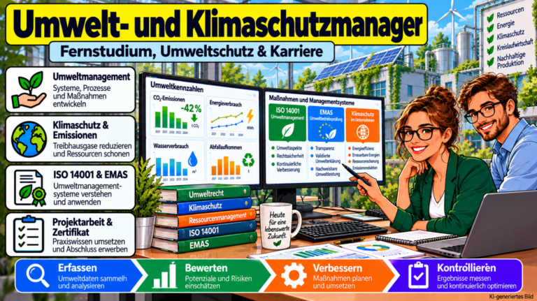 Comicillustration einer Umwelt- und Klimaschutzmanagerin bei der Auswertung von CO₂-Emissionen, Energie- und Wasserverbrauch. Dargestellt sind Umweltmanagement nach ISO 14001 und EMAS, betriebliche Klimaschutzmaßnahmen sowie die Weiterbildung zum Geprüften Umwelt- und Klimaschutzmanager.