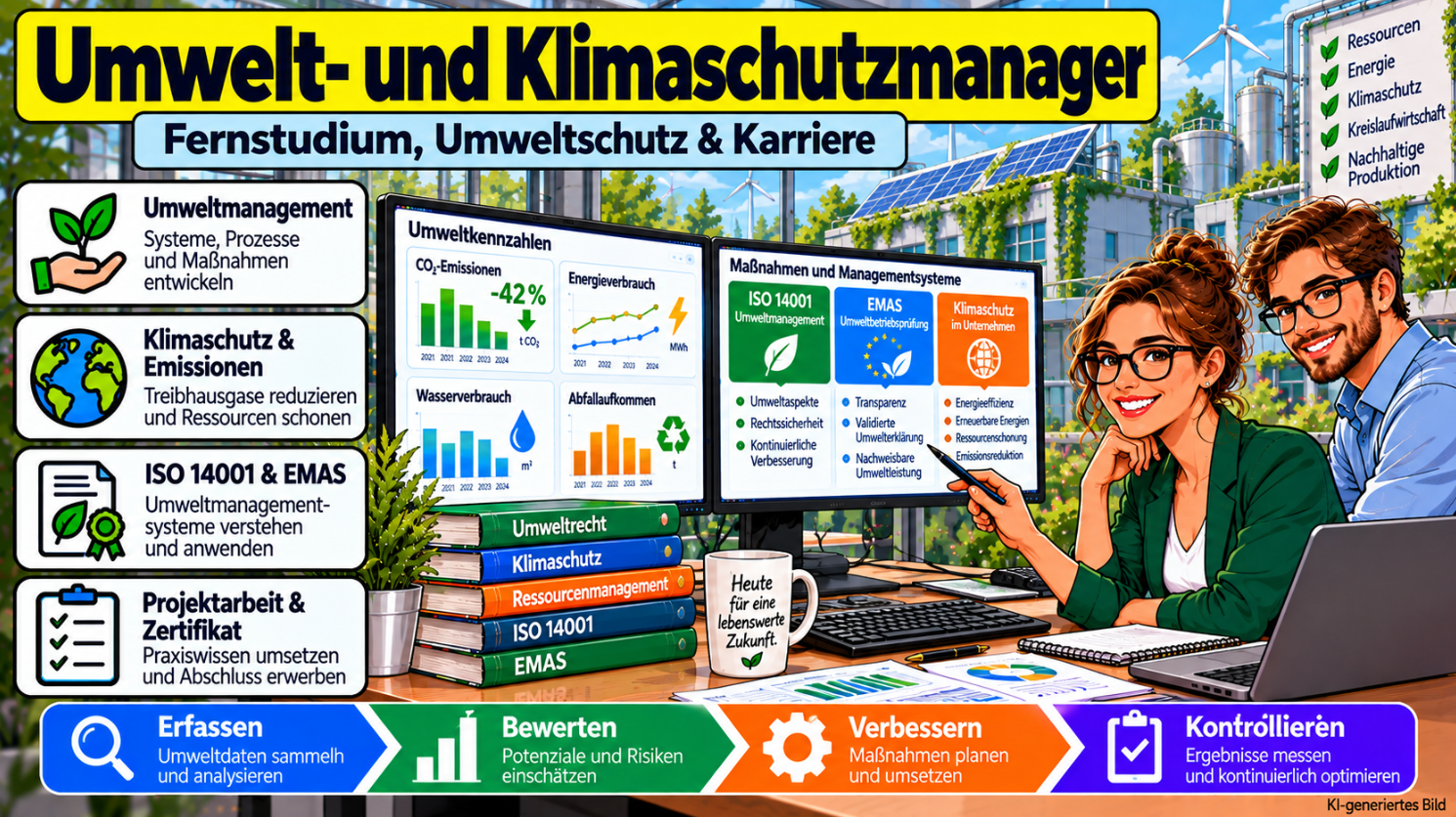 Comicillustration einer Umwelt- und Klimaschutzmanagerin bei der Auswertung von CO₂-Emissionen, Energie- und Wasserverbrauch. Dargestellt sind Umweltmanagement nach ISO 14001 und EMAS, betriebliche Klimaschutzmaßnahmen sowie die Weiterbildung zum Geprüften Umwelt- und Klimaschutzmanager.