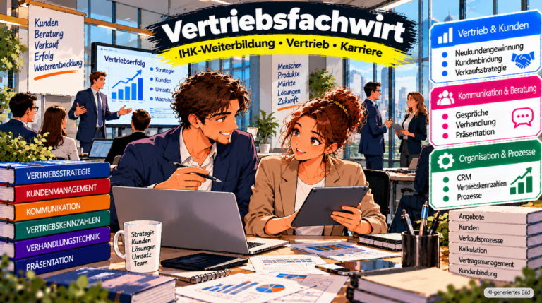 Comic-Illustration zum Thema Vertriebsfachwirt und Weiterbildung im Vertrieb. Zwei Vertriebsfachkräfte analysieren an einem Laptop und Tablet Verkaufszahlen, Kundeninformationen und Vertriebsstrategien. Im Hintergrund sind ein modernes Vertriebsbüro, eine Präsentation mit Umsatzdiagrammen sowie Mitarbeiter bei Kundengesprächen zu sehen. Drei farbige Infoboxen veranschaulichen die Themenbereiche Vertrieb und Kunden, Kommunikation und Beratung sowie Organisation und Prozesse.