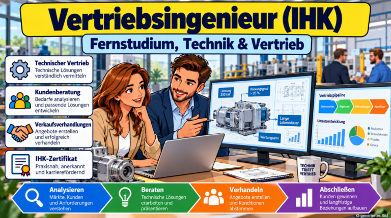Comicillustration zur Weiterbildung Vertriebsingenieur (IHK) und Technischer Vertriebsmanager. Zwei Fachkräfte analysieren eine Industriemaschine am Bildschirm sowie Vertriebskennzahlen und Umsatzentwicklung. Dargestellt sind technische Kundenberatung, Verkaufsverhandlungen und das IHK-Zertifikat