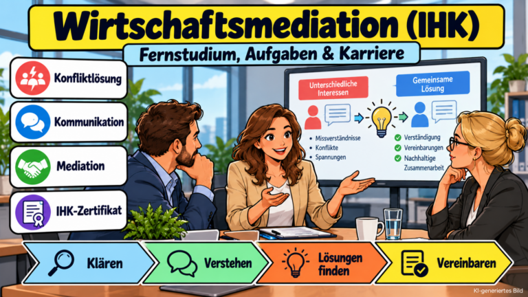 Comicillustration einer Wirtschaftsmediatorin (IHK), die zwischen zwei Geschäftspartnern vermittelt. Dargestellt sind Konfliktlösung, Kommunikation, gemeinsame Lösungsfindung und das IHK-Zertifikat.