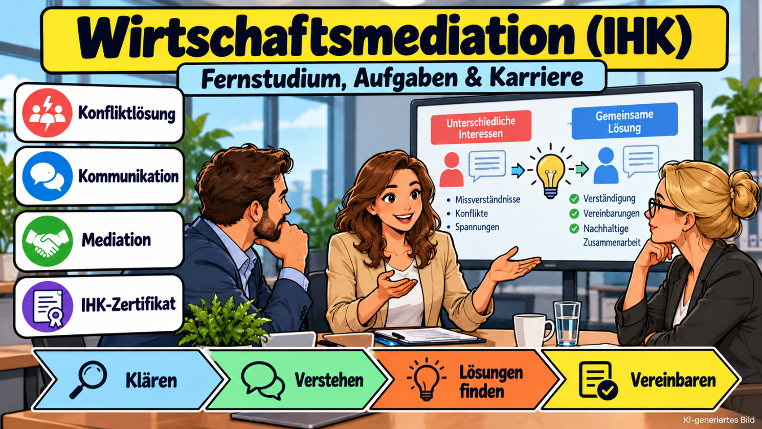 Comicillustration einer Wirtschaftsmediatorin (IHK), die zwischen zwei Geschäftspartnern vermittelt. Dargestellt sind Konfliktlösung, Kommunikation, gemeinsame Lösungsfindung und das IHK-Zertifikat.