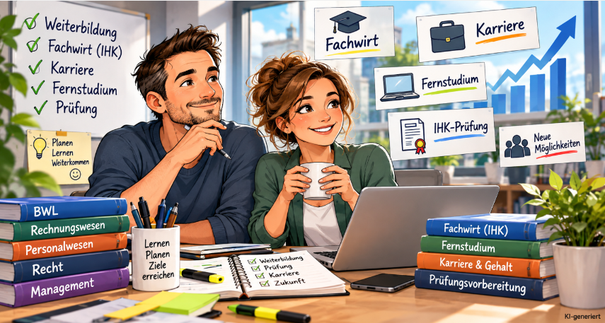 Berufstätige bei der Planung von Weiterbildung, Fachwirt, Fernstudium und Prüfungsvorbereitung
